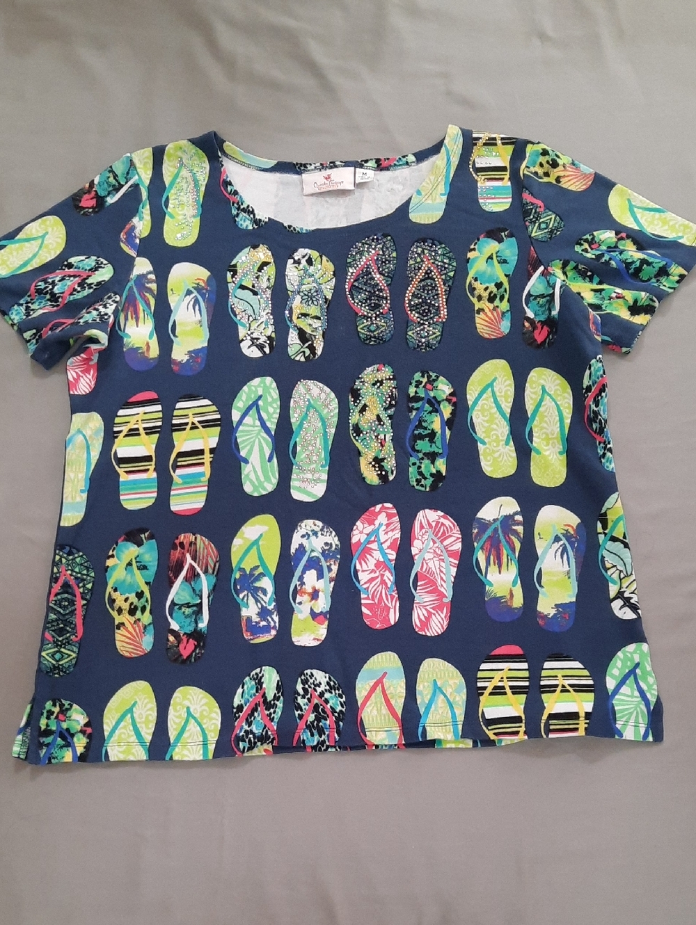 Quacker Factory Navy Tee with Multicolor Tropical Print - Size M